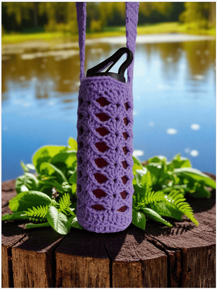 Hand Crochet Water Bottle Holder Crossbody Water Bottle Carrier - Lilac