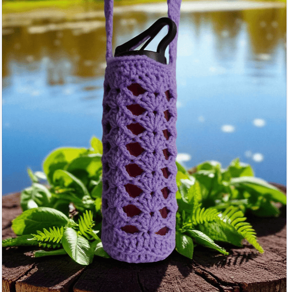 Hand Crochet Water Bottle Holder Crossbody Water Bottle Carrier - Lilac