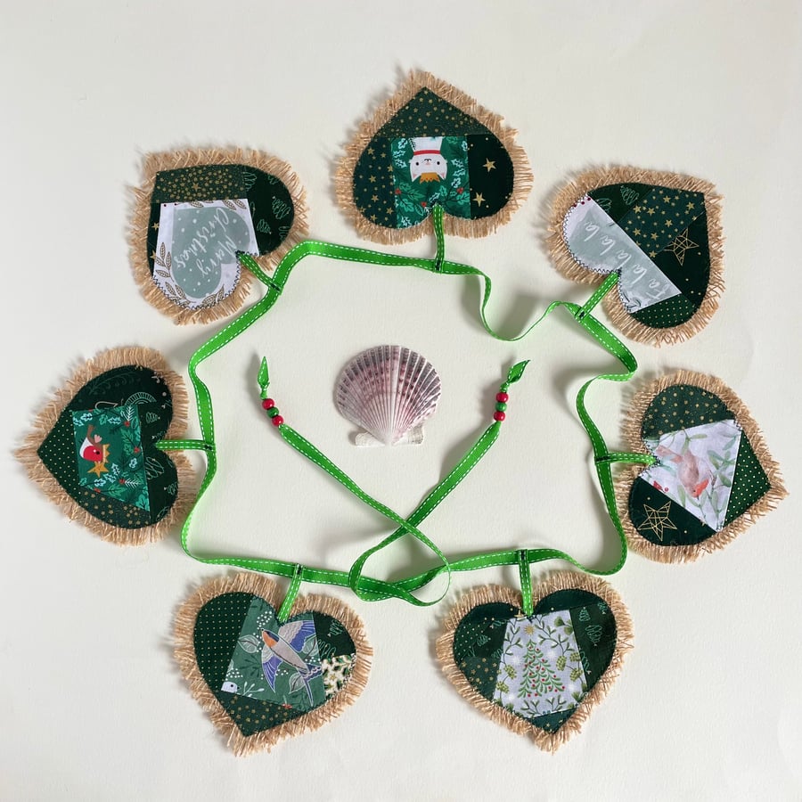Christmas Hearts Hessian Bunting - green