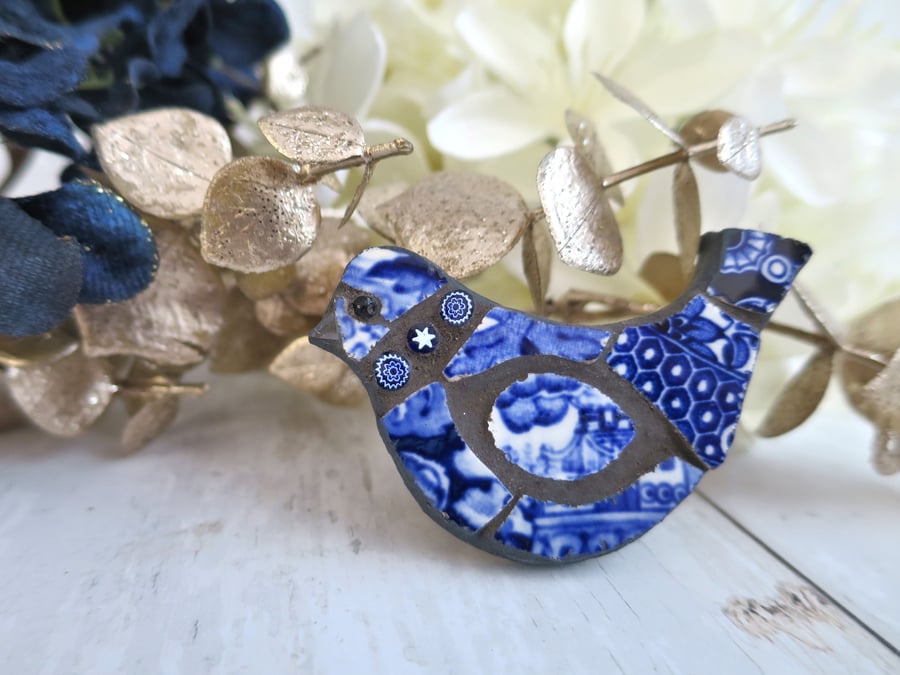 - Reserved for Siobhan -  Mosaic Bird Brooch, Vintage Blue and White Jewellery