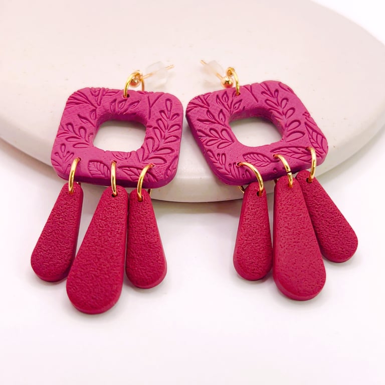 Burgundy dangle clay earrings for her, Lightweight handmade jewellery for gift