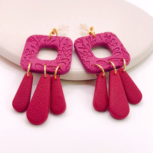 Burgundy dangle clay earrings for her, Lightweight handmade jewellery for gift