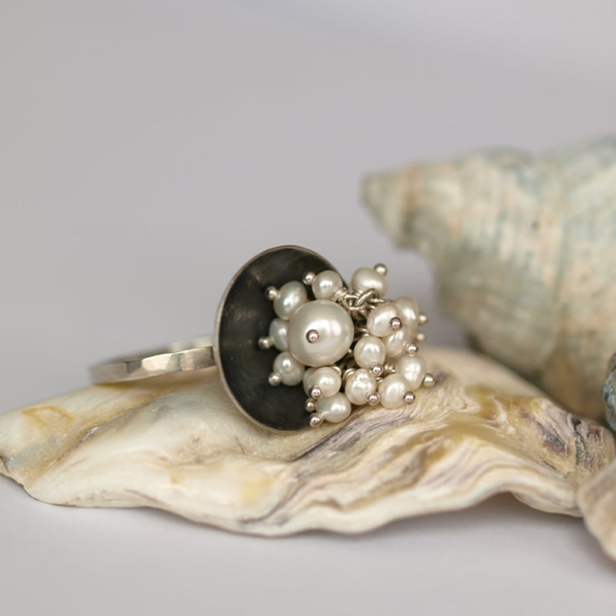 Oxidised Dome Ring with Cascading Pearls