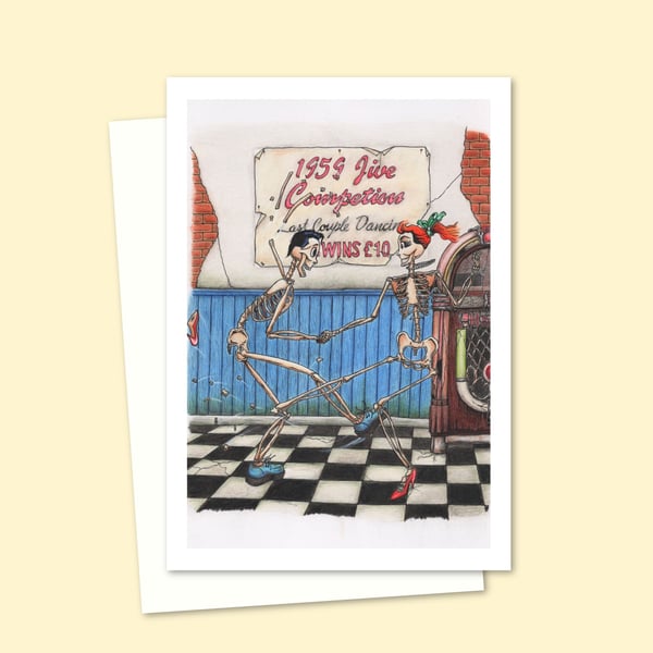 Dancing Skeletons Greeting Card:  Fun Cartoon Art for Halloween (504)