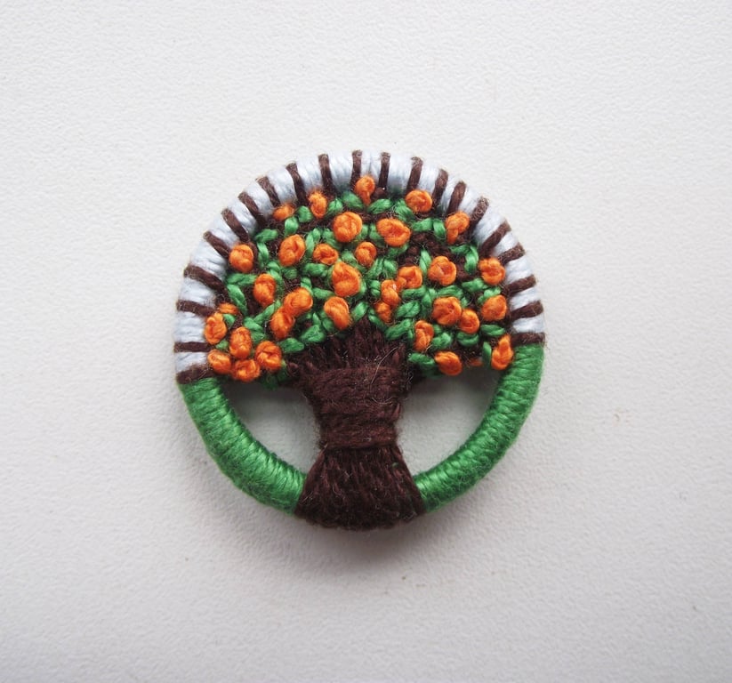 Orange Tree Dorset Button Brooch, Green, Orange, Brown, Blue, 3.3cm