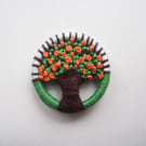 Orange Tree Dorset Button Brooch, Green, Orange, Brown, Blue, 3.3cm