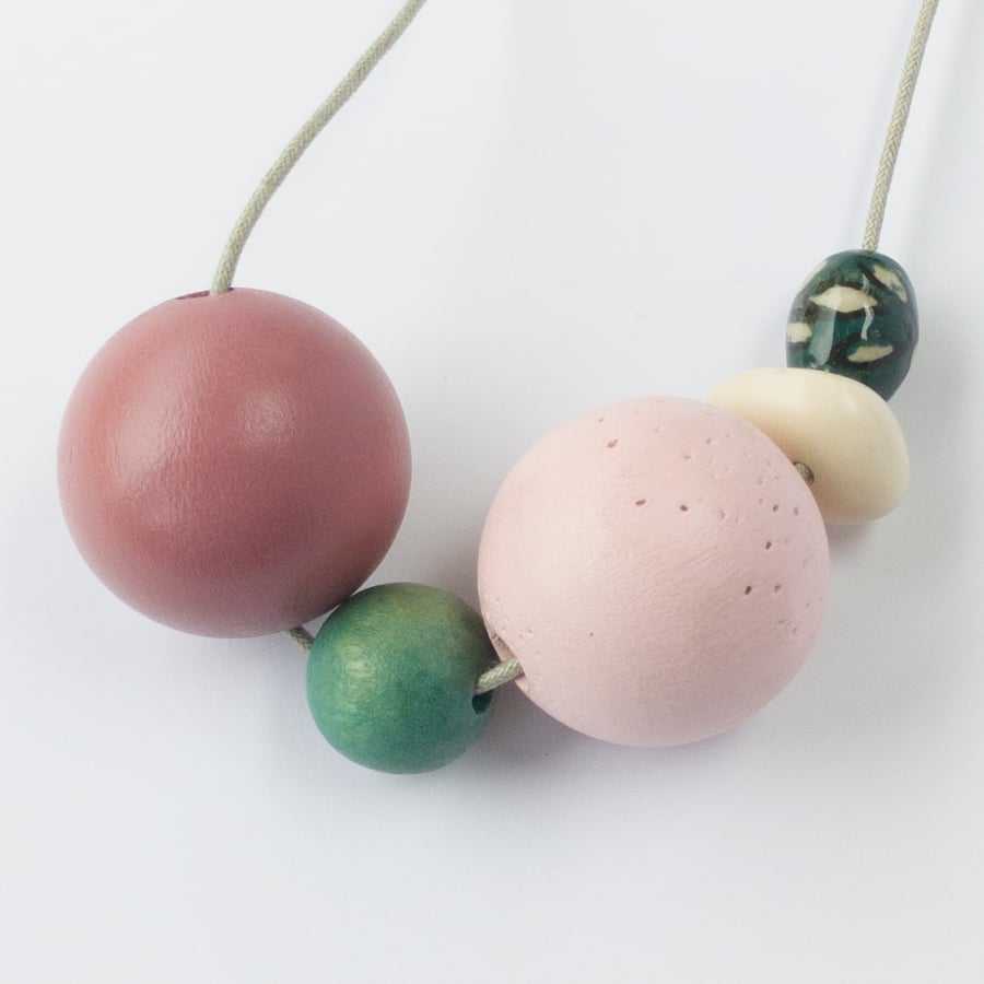 Zelda - Chunky wooden and ceramic bead necklace in pinks and greens