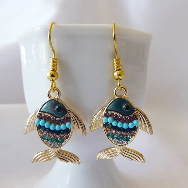Blue & Green Fish Earrings with Enamel and Rhinestones 
