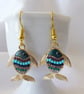 Blue & Green Fish Earrings with Enamel and Rhinestones 