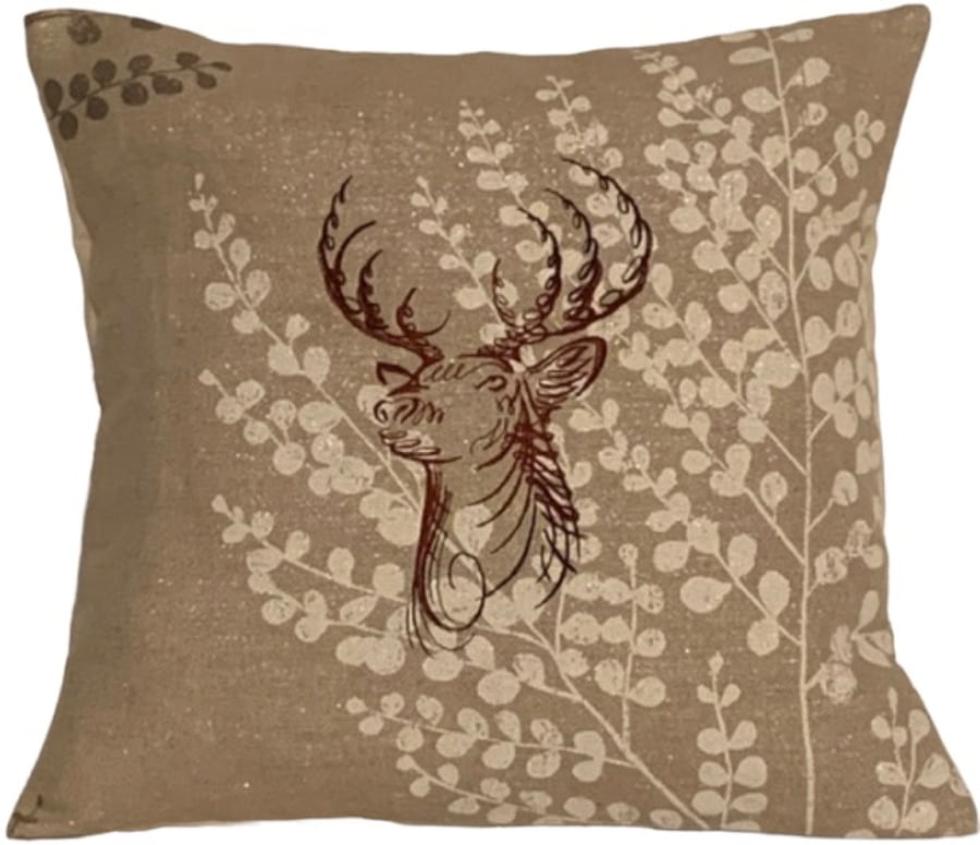 Glitter Christmas Swirl Stag Embroidered Cushion Cover 14”x14” Last One
