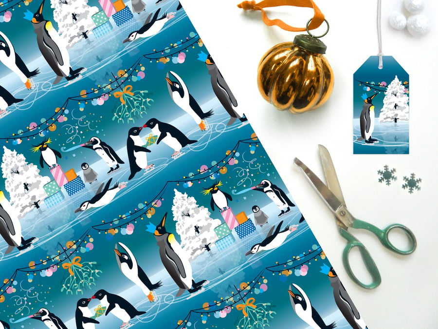 Penguin Christmas Gift Wrap - Eco Friendly, Compostable Paper