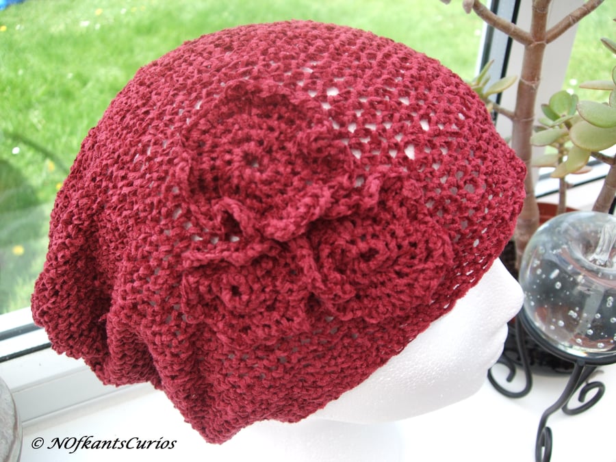 Burgundy Floral Chenille Crocheted Slouchy Hat!