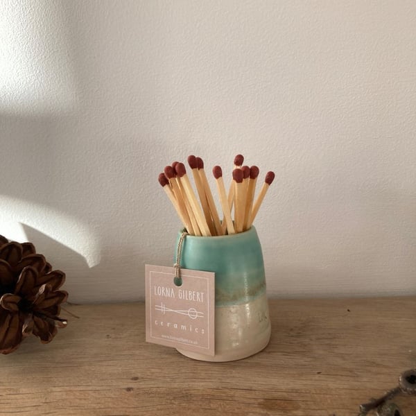 Ceramic handmade striker pot - Glazed in turquoise and greens 