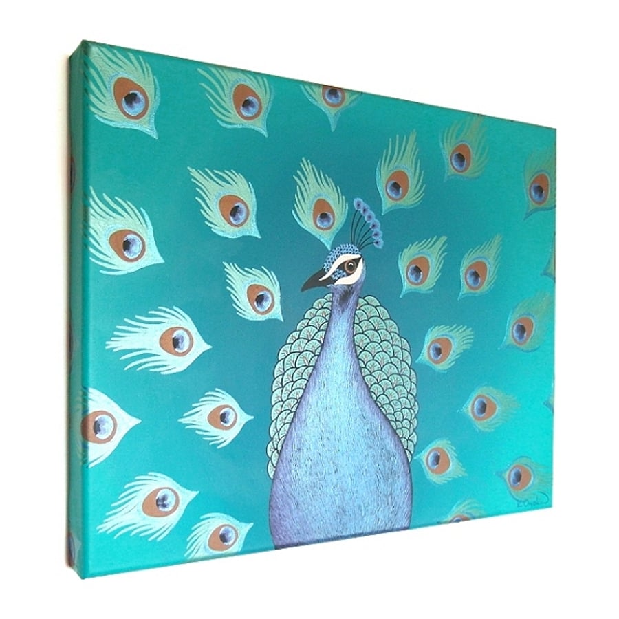 Sold Original Peacock Painting on Canvas - colourful bird art with metallics