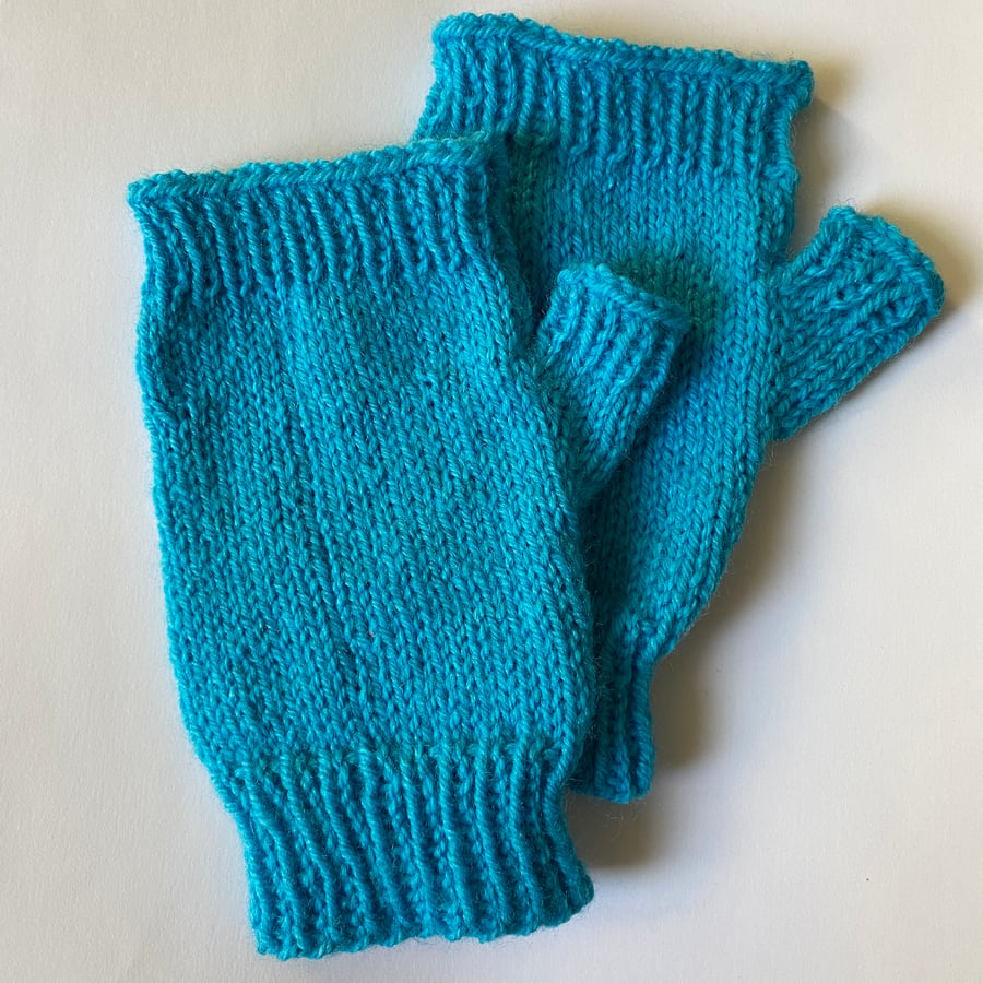 Fingerless Adult Mittens Gloves in Turquoise Acrylic Yarn