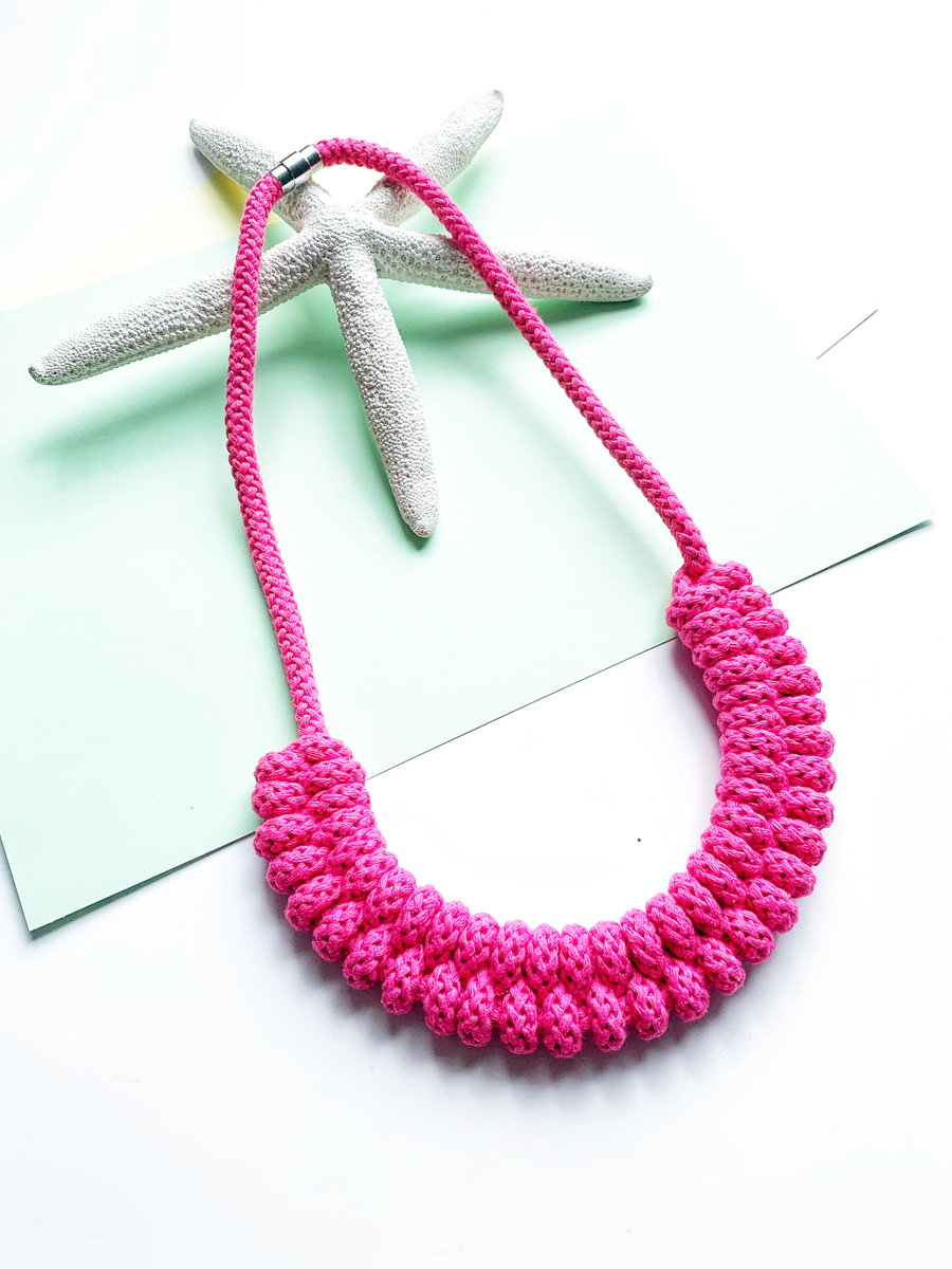 Hot pink necklace, Knotted statement necklace, Sustainable boho necklace