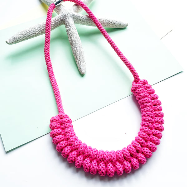 Hot pink necklace, Knotted statement necklace, Sustainable boho necklace