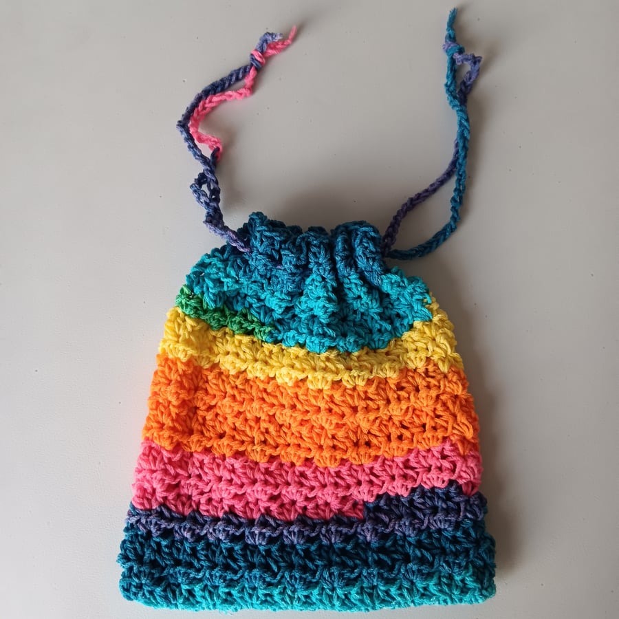 Crochet Drawstring Bag (Rainbow) - pretty and practical!