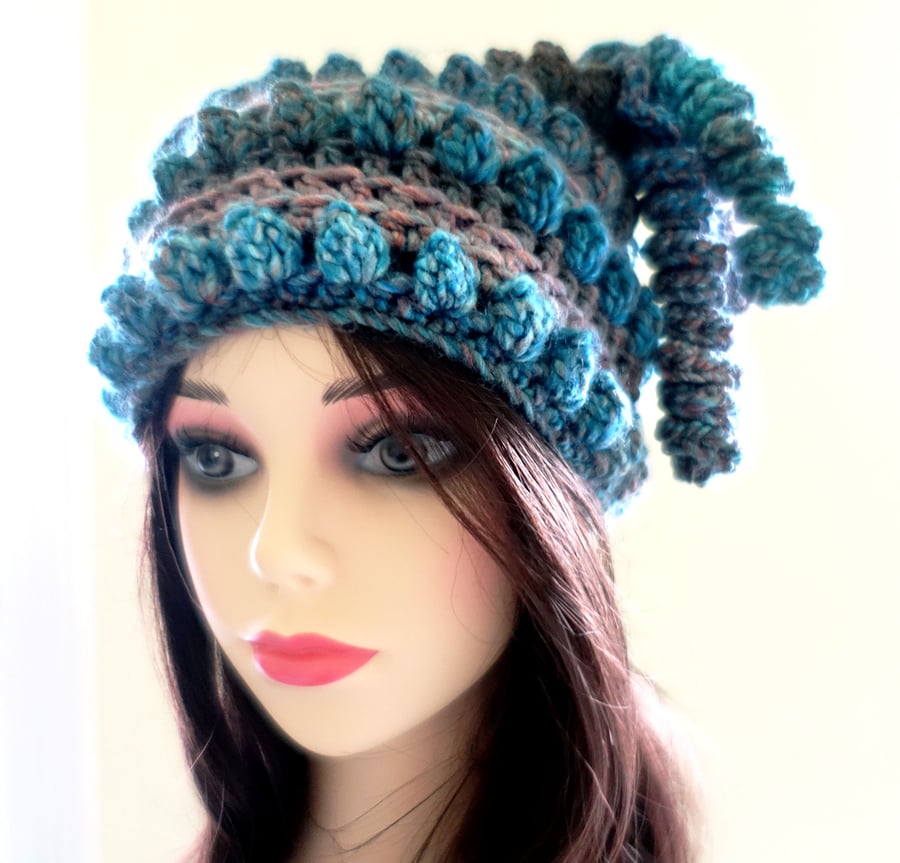 Crochet hat quirky festival style chunky acrylic  yarn in teal and taupe.