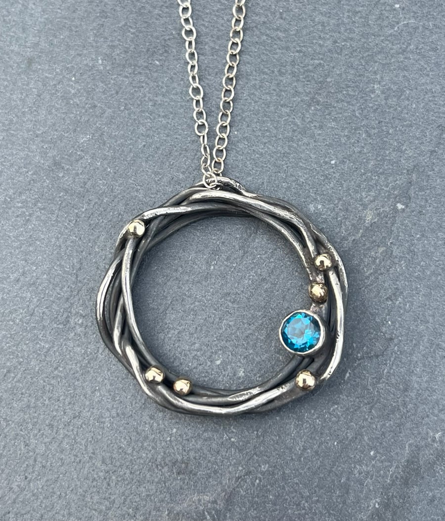 Blue Topaz Entwine Pendant, freeform circle pendant, blue topaz jewellery, 