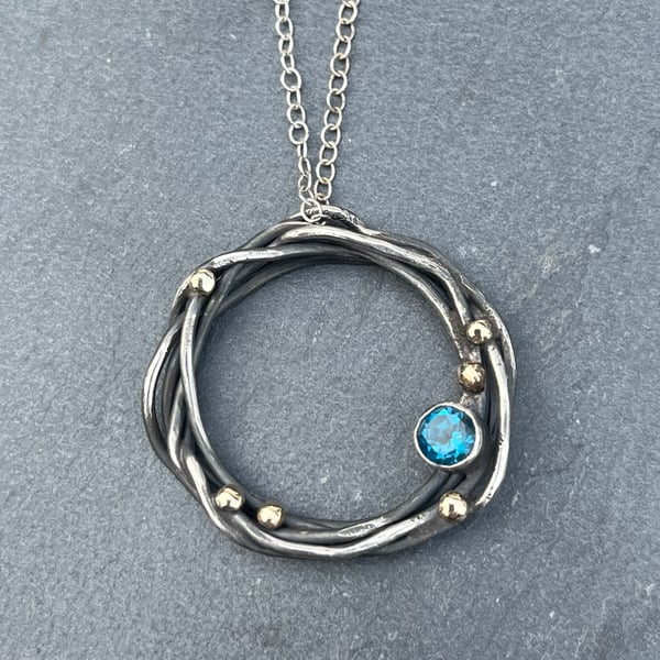 Blue Topaz Entwine Pendant, freeform circle pendant, blue topaz jewellery, 