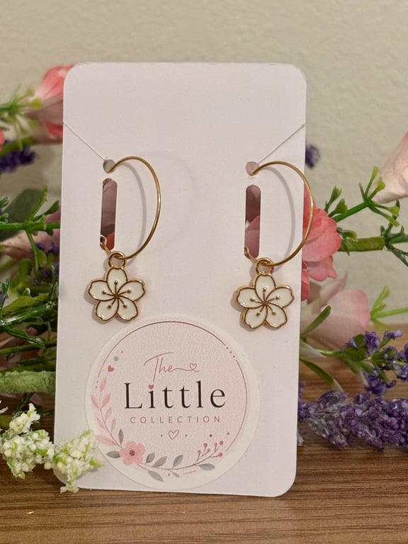 White Cherry Blossom Hoop Earrings, Enamel Floral Charms, Handmade Jewellery