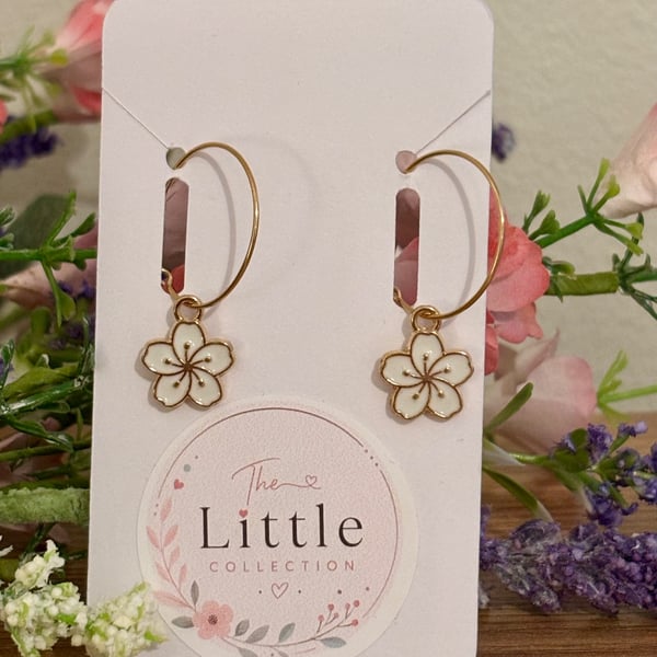 White Cherry Blossom Hoop Earrings, Enamel Floral Charms, Handmade Jewellery