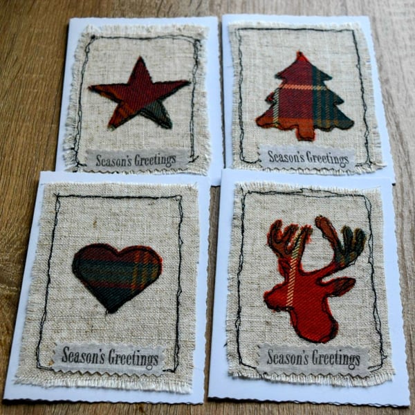 Set of 4 Handmade Christmas Cards with Tweed Fabric 