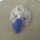 Deep Cobalt Blue Lyme Regis Bonfire Sea Glass on Diamond Cut Ring Necklace N626