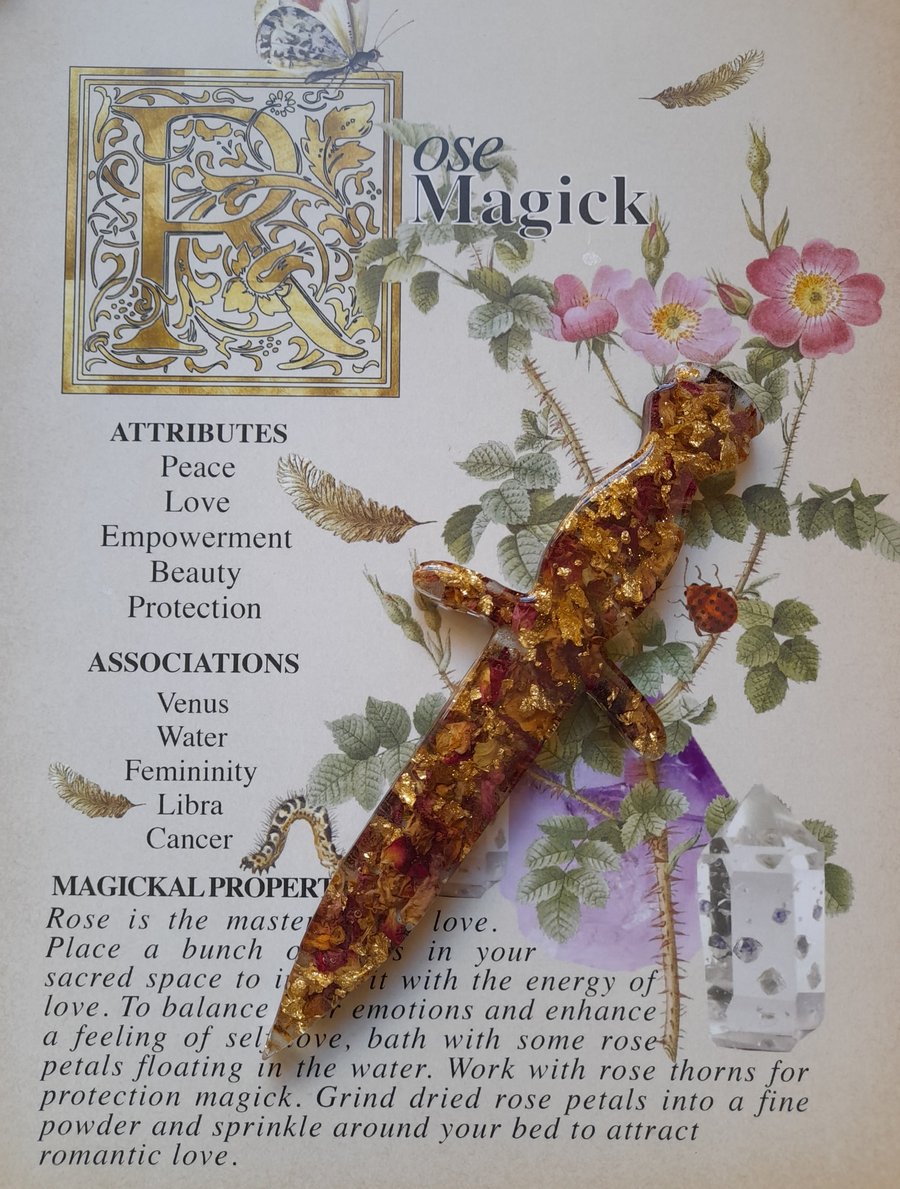 Small Rose Petal and Gold Leaf Athame Dagger