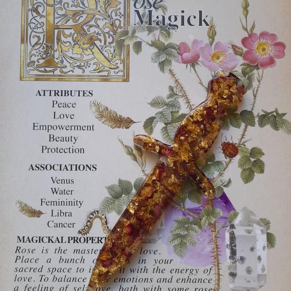 Small Rose Petal and Gold Leaf Athame Dagger