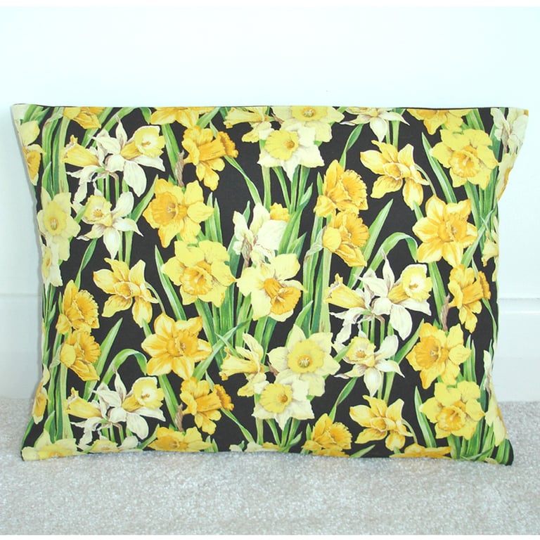 Daffodil Cushion Cover Oblong Bolster 16" x 12" Yellow Daffodils Black