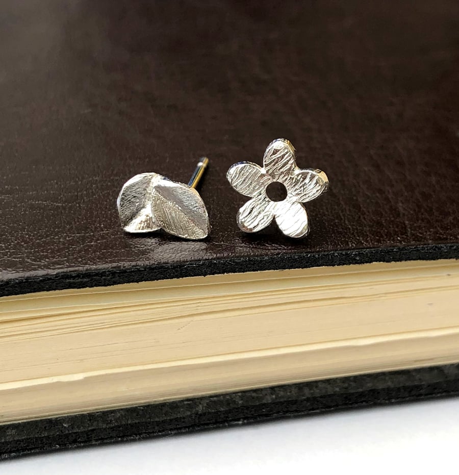 Mismatched Flower And Leaf Earrings, Sterling Silver Botanical Jewellery