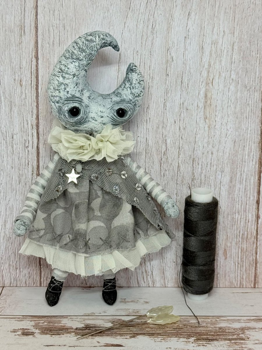 Grey Moon Mixed Media Art Doll