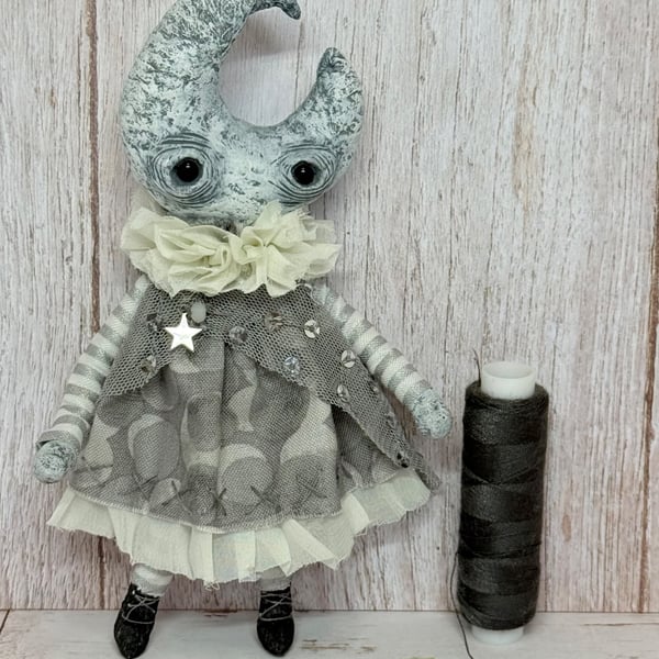 Grey Moon Mixed Media Art Doll