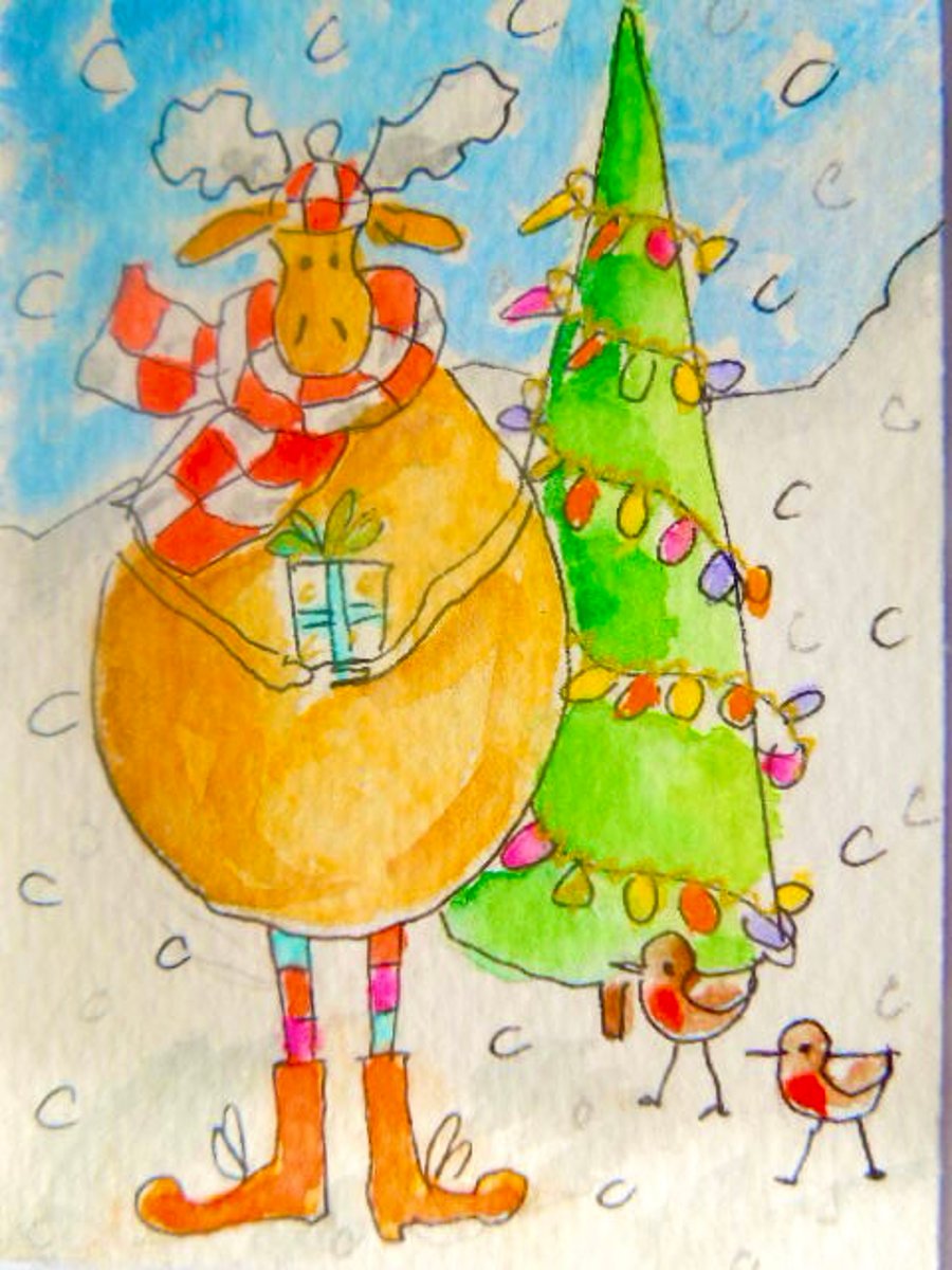 ACEO original watercolour painting - Christmas Reindeer.