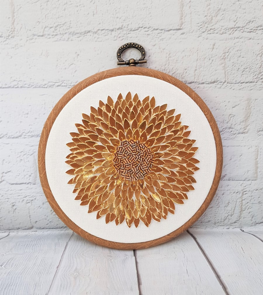 Sunflower Embroidery Hoop, Sunflower Wall Art, Goldwork Sunflower, Goldwork Embr