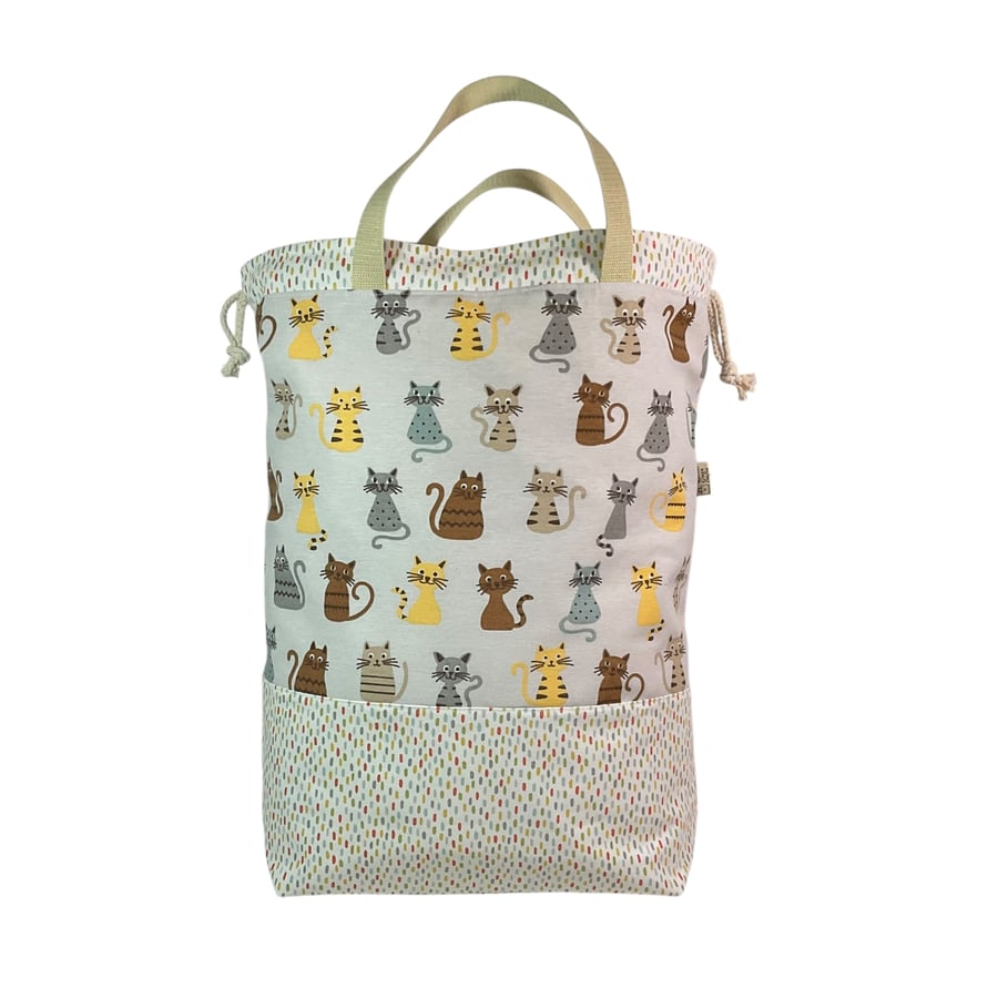 XXL drawstring knitting bag with colourful Cat print, supersized multi pockets 