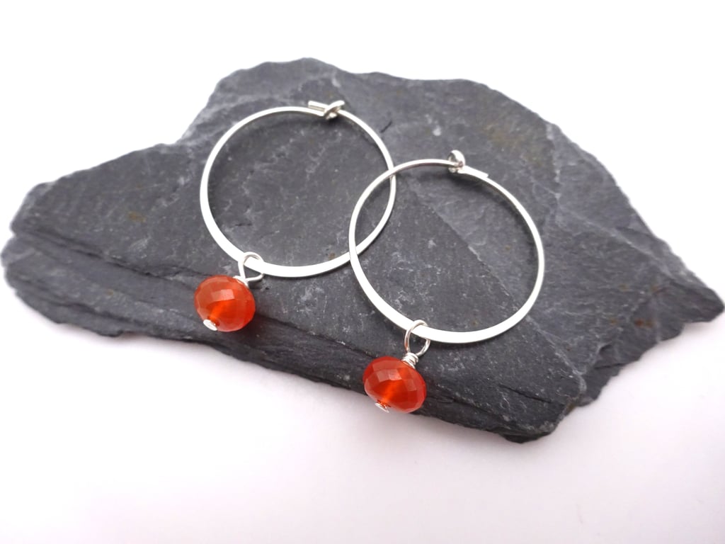 carnelian gemstone earrings, sterling silver hoops