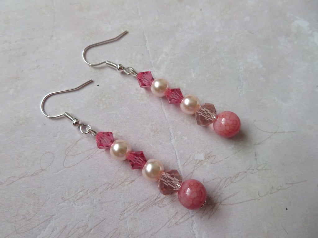 Pale Pink Rose Coral Crystal Small Drop Dangle Earrings