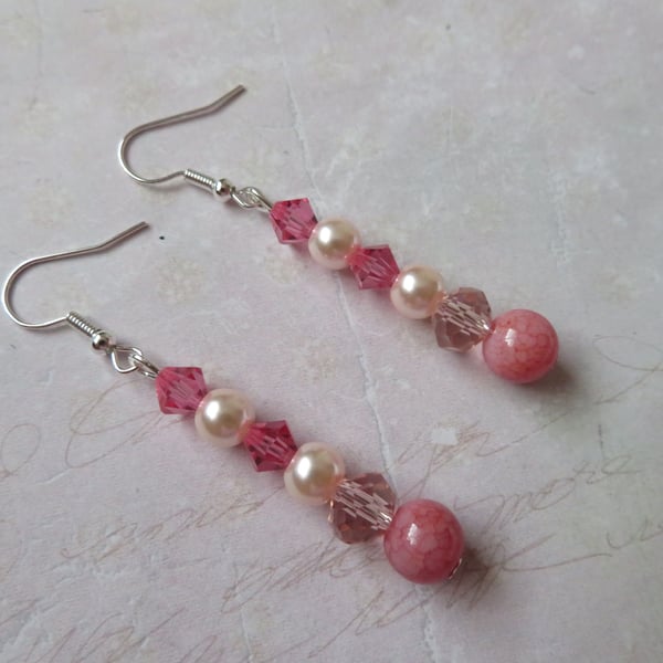 Pale Pink Rose Coral Crystal Small Drop Dangle Earrings