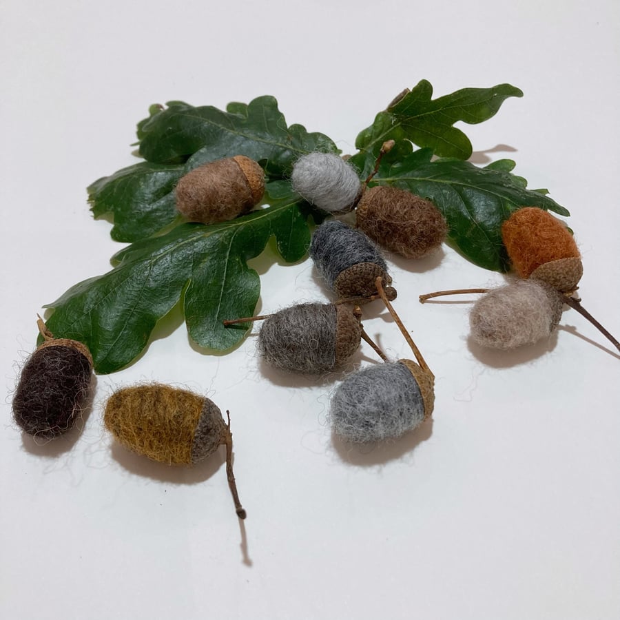Pack of 10 needle felted acorns in natural autumn colours, home decoration