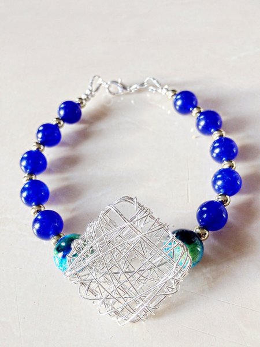  Silver Mesh Blue and Turquoise  Statement Bracelet
