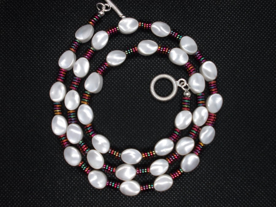 SALE - Shell pearl and rainbow coated haematite necklace