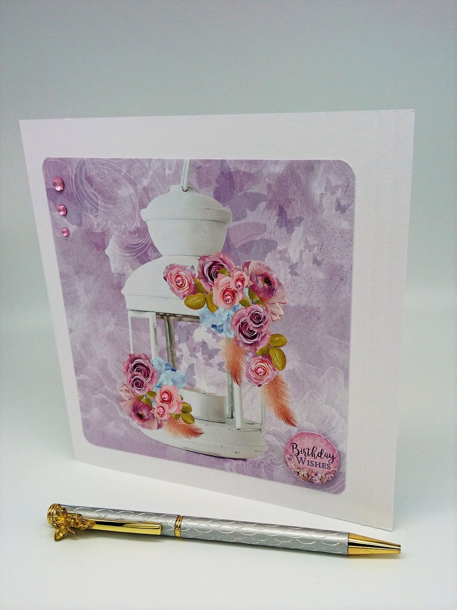 Birthday Wishes. Beautiful White Lantern with Roses and Butterflies FREE P&P UK
