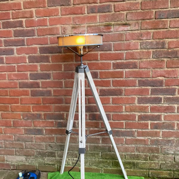 Tripod Floor Lamp, Upcycled Chevrolet Air Filter, Remote Control Colour Changing