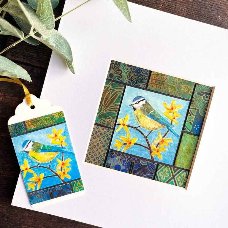 Mixed media picture of blue tit - gift for bird lover