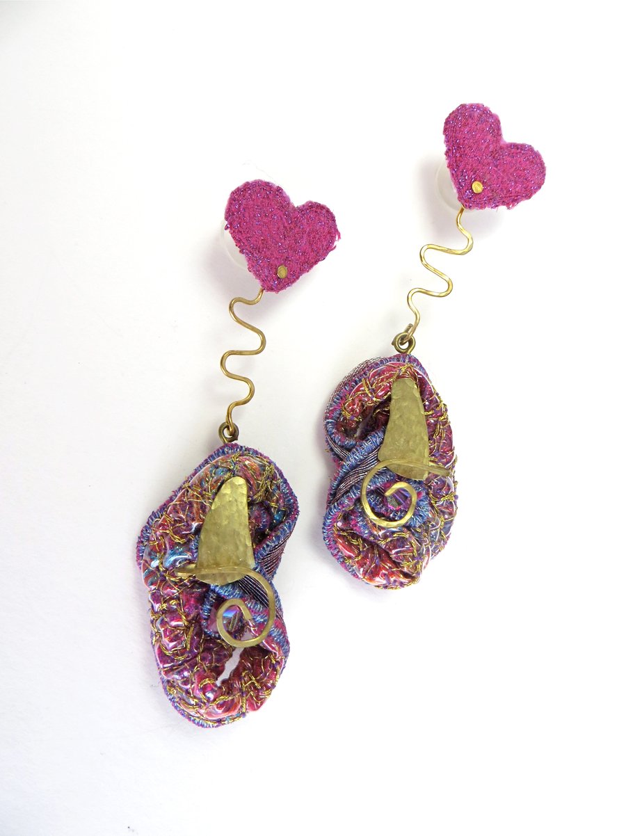 Embroidery and brass, heart-drop earrings.