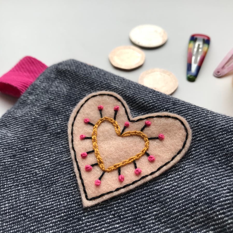 Hand Embroidered Coin Purse- Peachy Heart