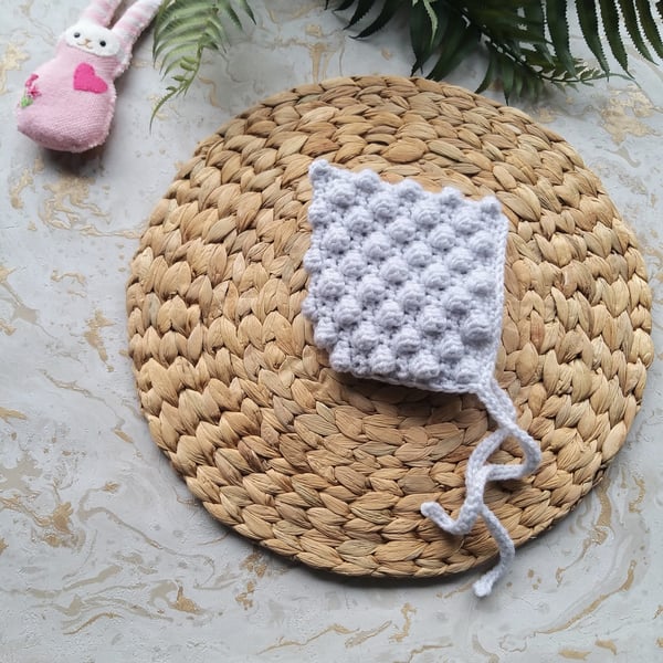 Crochet Bobble Pixie Bonnet, Hat, Baby Hat. Silver Grey 0-6 months